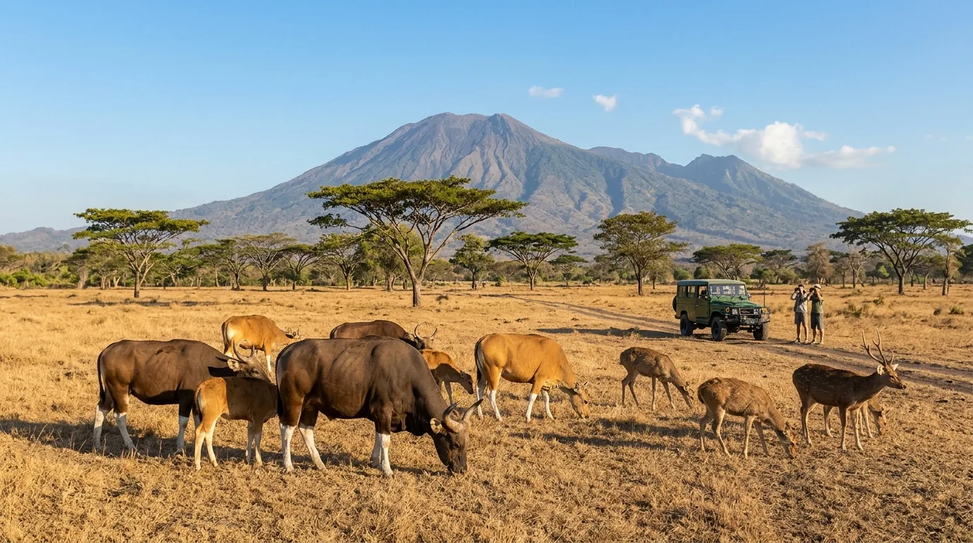 Banteng grazing on the Bekol savanna in Baluran National Park with Mount Baluran behind