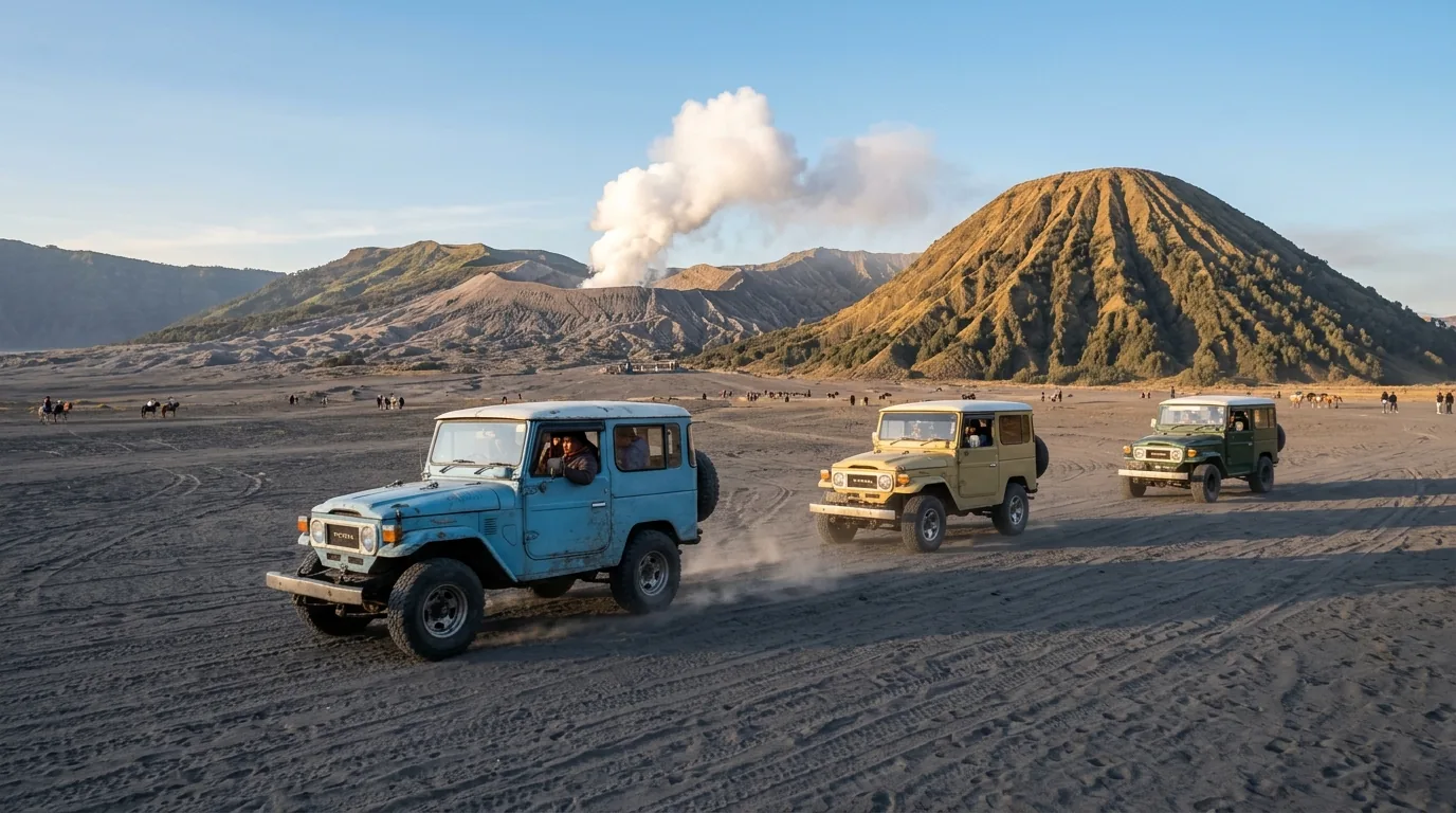 4x4 jeeps crossing the Sea of Sand toward Mount Bromo crater on a Bromo jeep tour