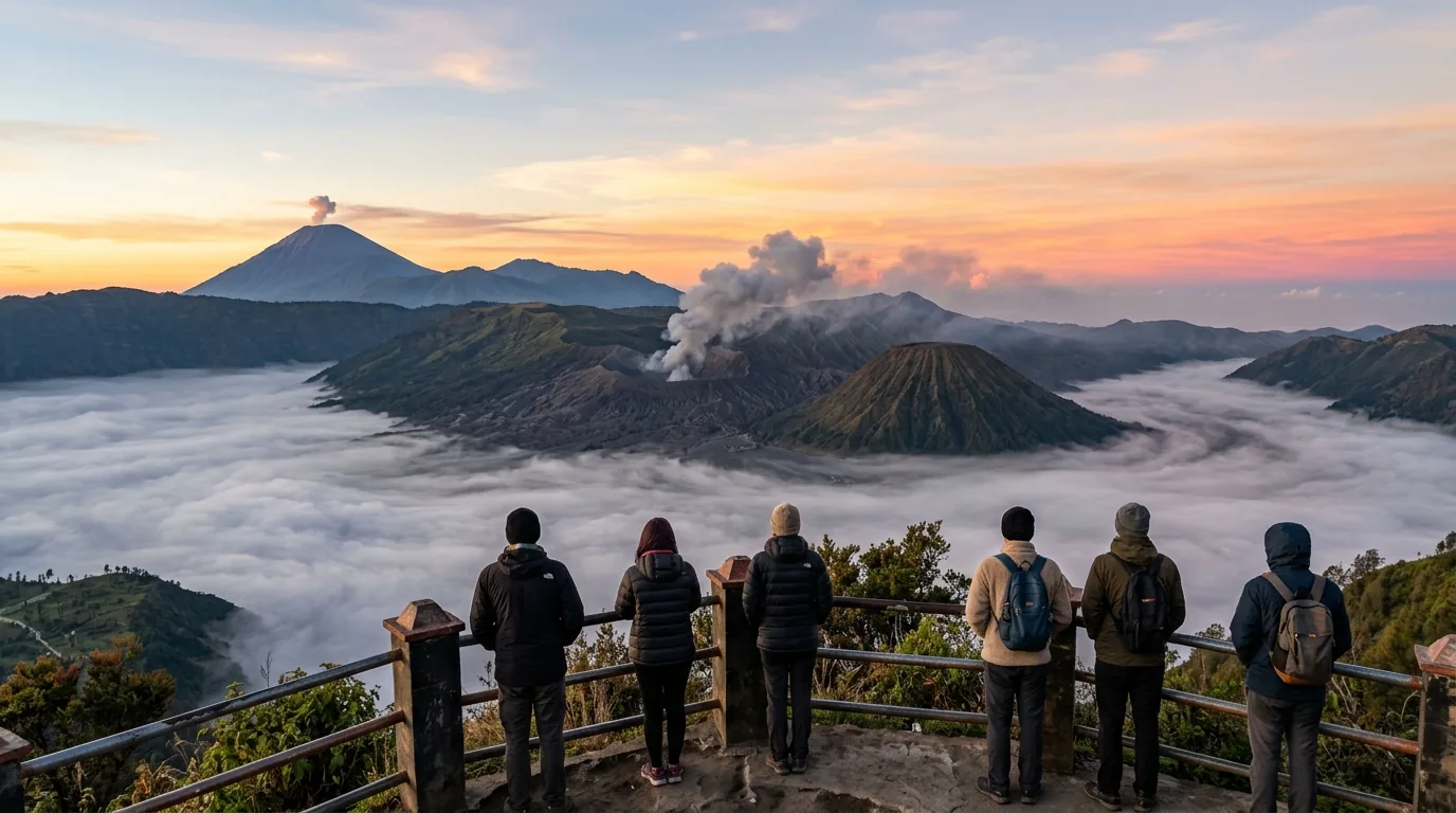 Sunrise over the Bromo Tengger caldera seen from Penanjakan viewpoint on a Bromo sunrise tour