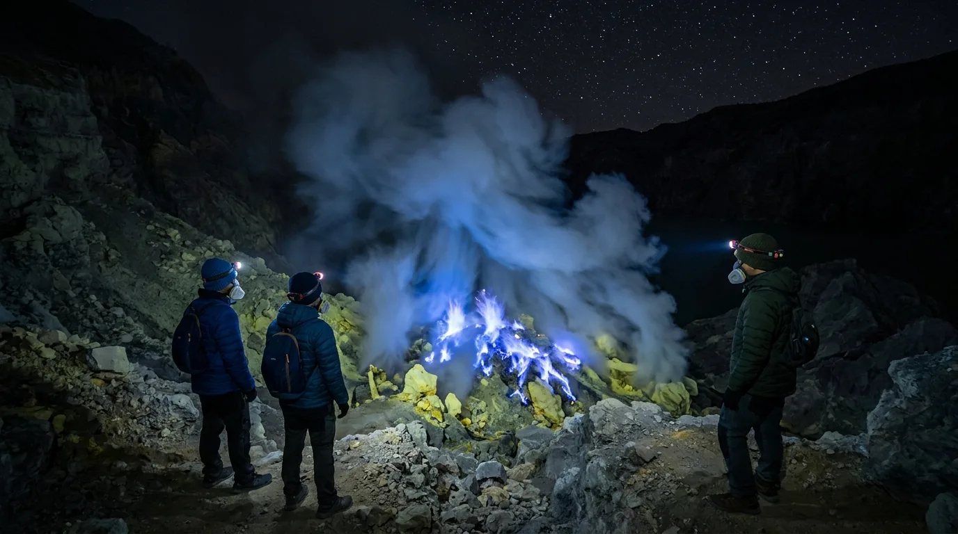 Hikers in gas masks watching the blue fire inside Ijen crater on an Ijen blue fire tour