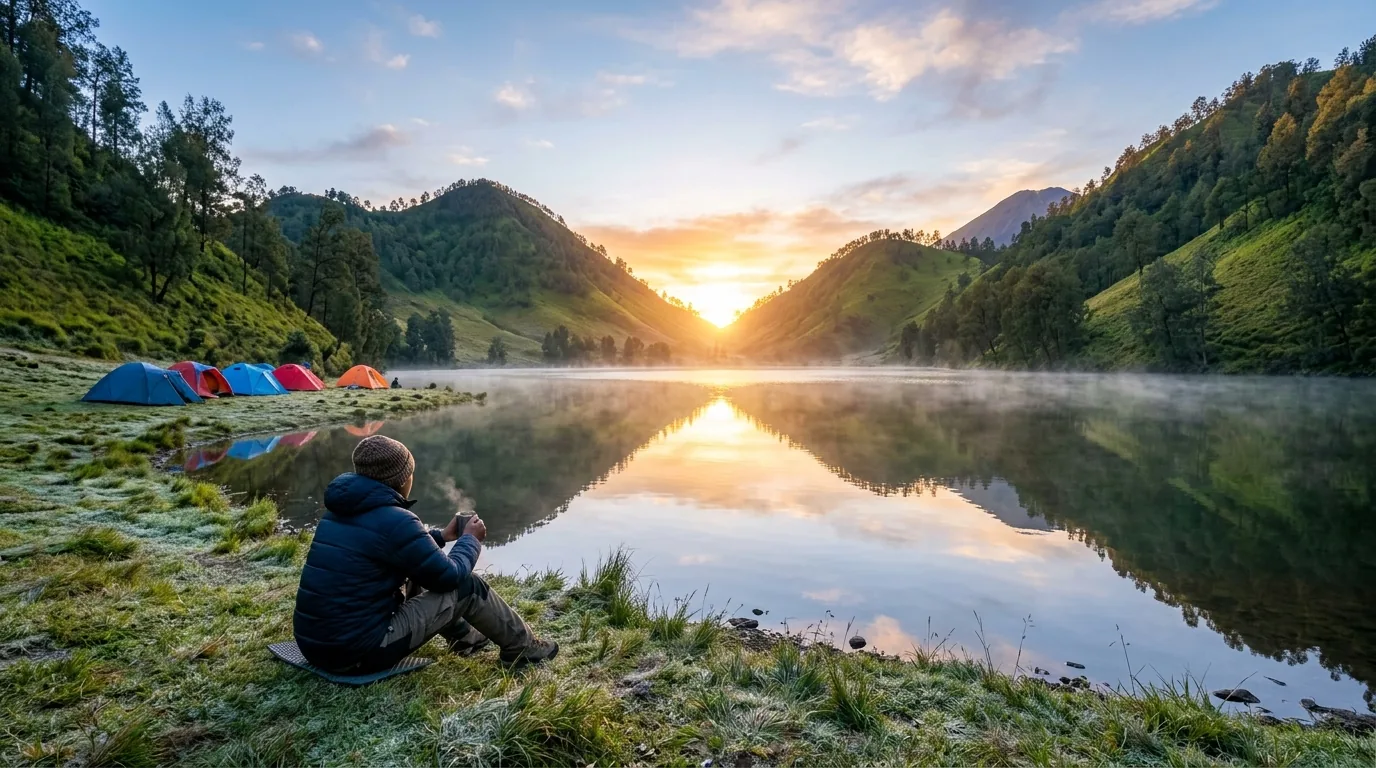 Tents on the shore of Ranu Kumbolo lake at sunrise on the Mount Semeru trek