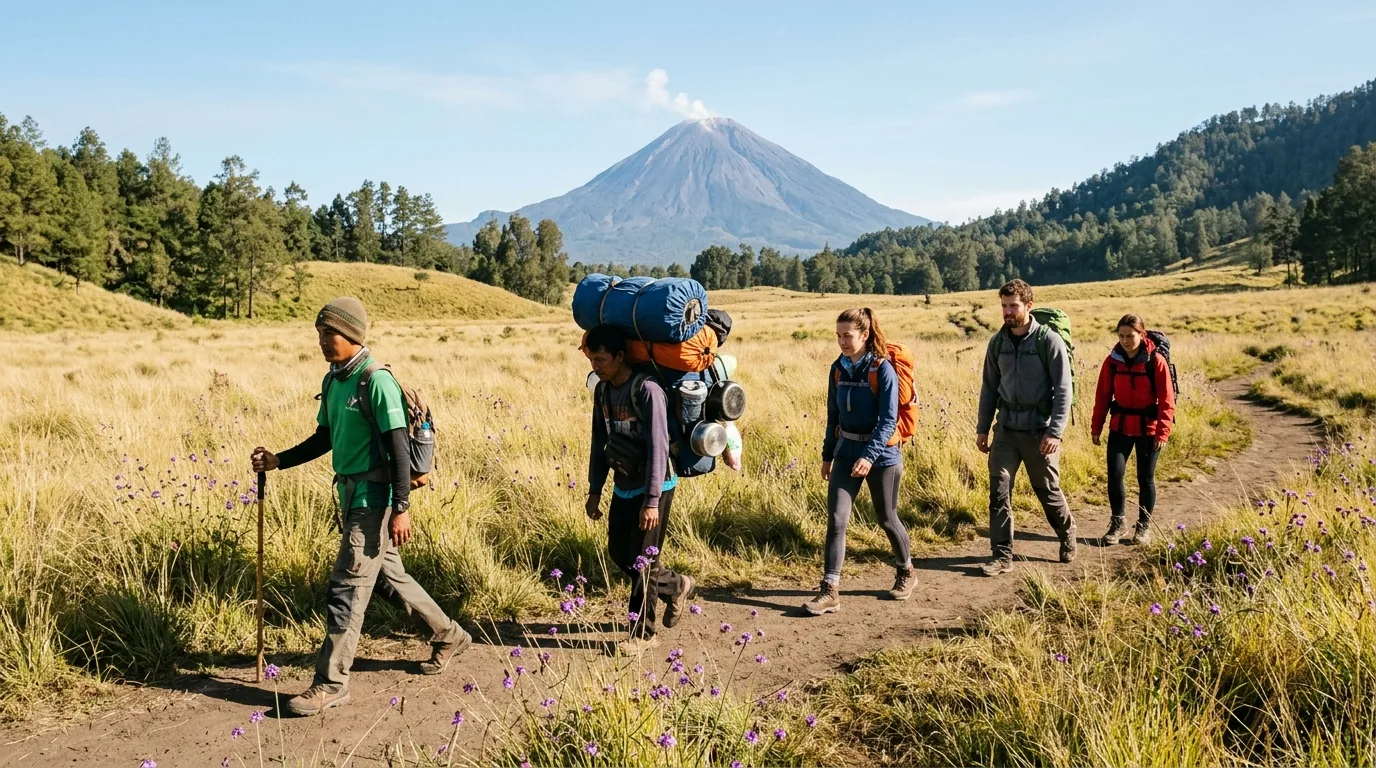 Semeru trekking guide and porter leading hikers across the Oro-Oro Ombo savanna